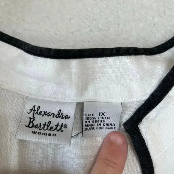 Alexandra Bartlett Women's 100% Linen Tunic Sz 1X White/Black Side Zip hidden - Picture 3 of 6